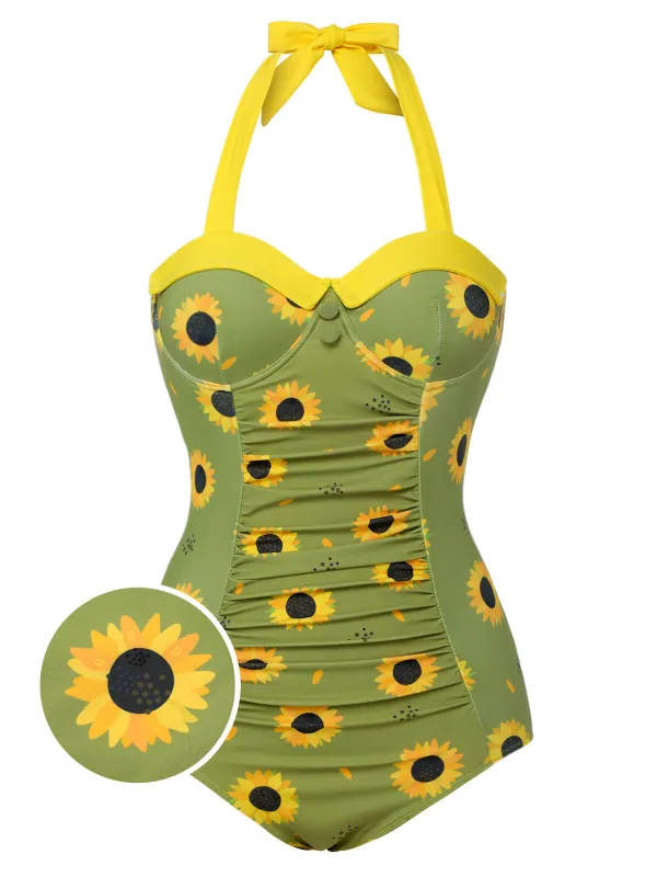 Green 1930s Sunflowers Halter Swimsuit sold by Retro Stage