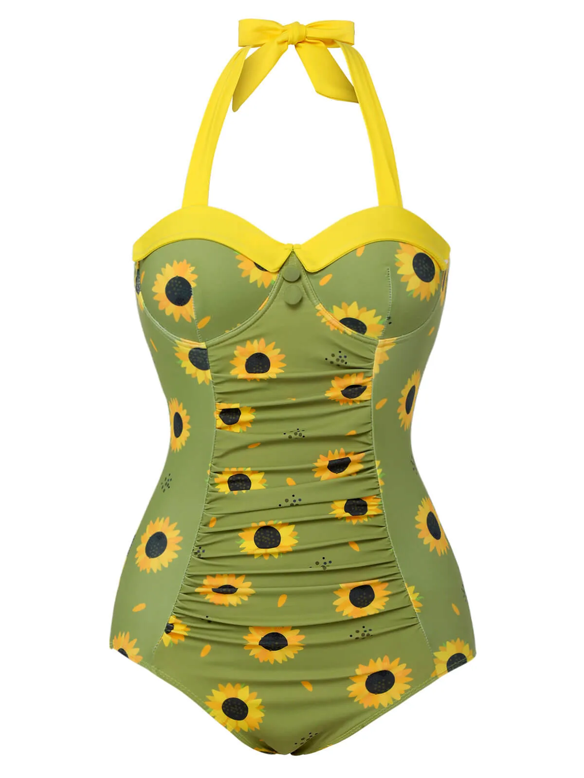 Green 1930s Sunflowers Halter Swimsuit sold by Retro Stage product image thumbnail 2