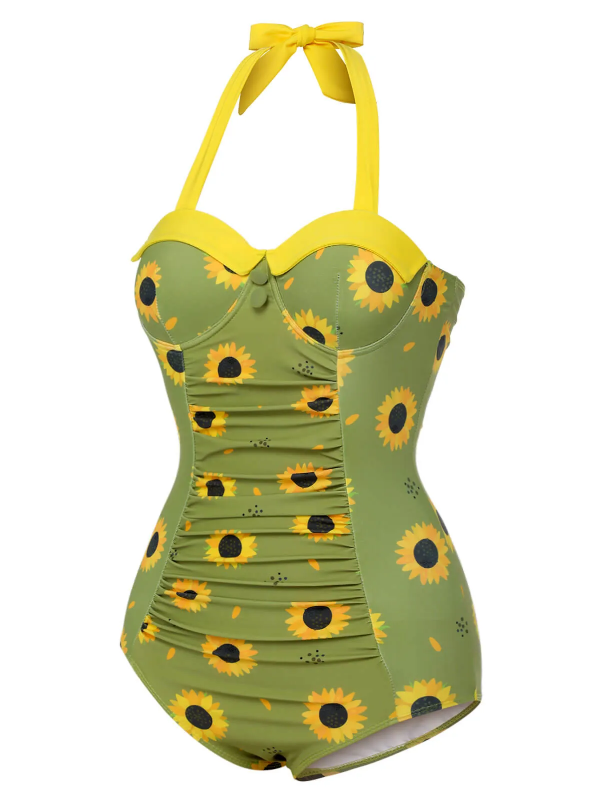 Green 1930s Sunflowers Halter Swimsuit sold by Retro Stage product image thumbnail 3