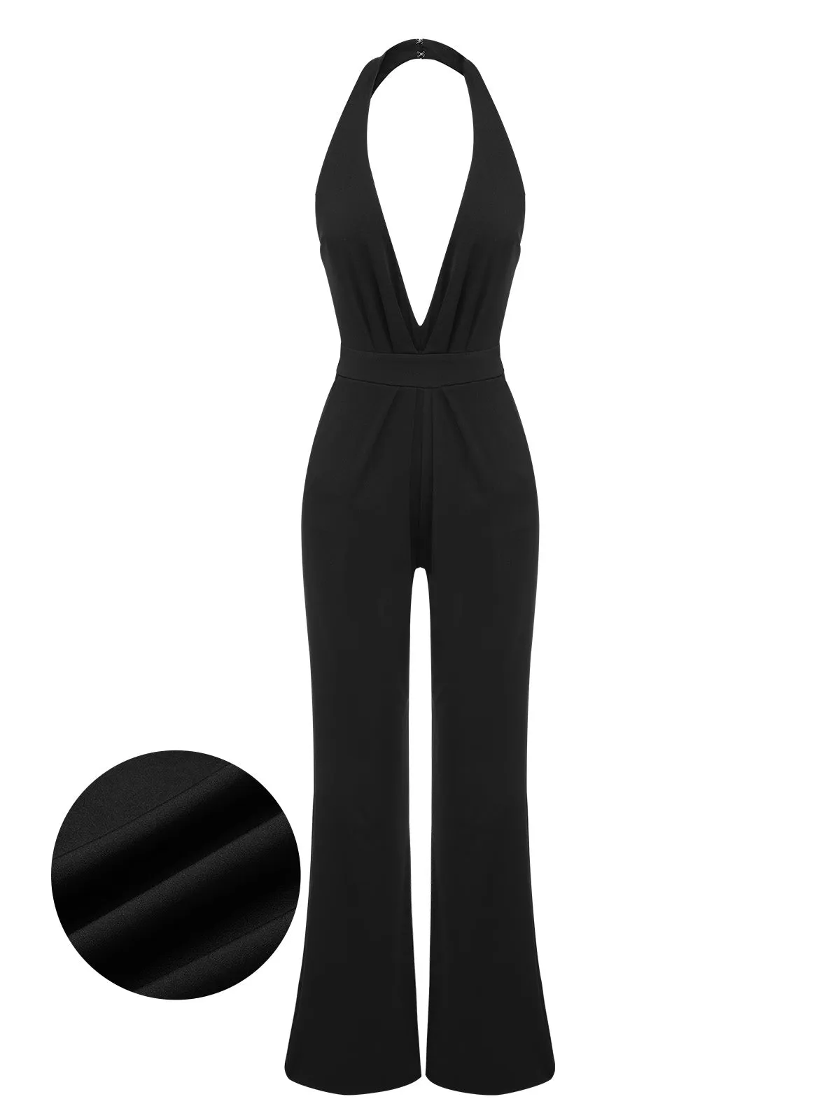 Black 1930s Halter Deep V-Neck Jumpsuit sold by Retro Stage