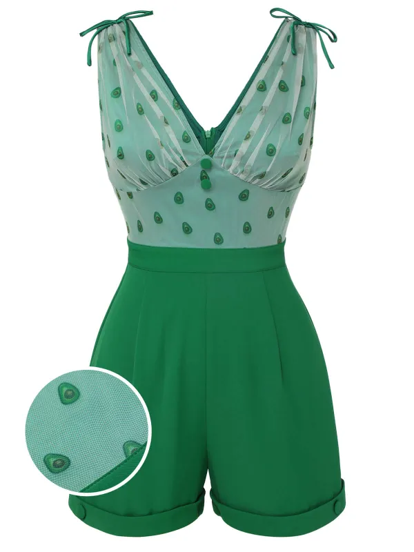 Green 1950s Avocado Mesh V-Neck Romper sold by Retro Stage