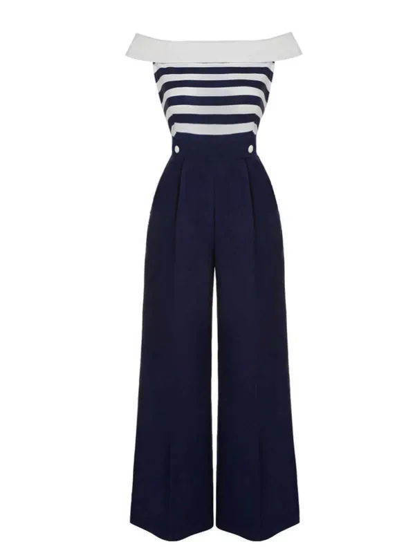 Dark Blue 1930s Stripe Off-Shoulder Jumpsuit sold by Retro Stage