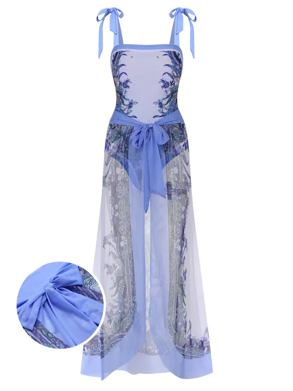 [Plus Size] 2PCS Multicolor 1960s Shoulder Straps Plant Swimsuit & Cover Up sold by Retro Stage