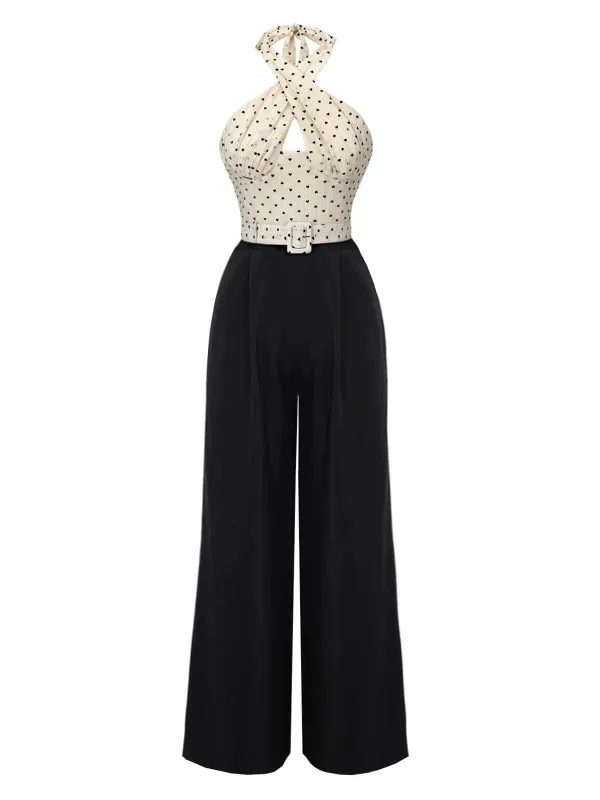 Beige & Black 1950s Heart Dots Halter Jumpsuit sold by Retro Stage