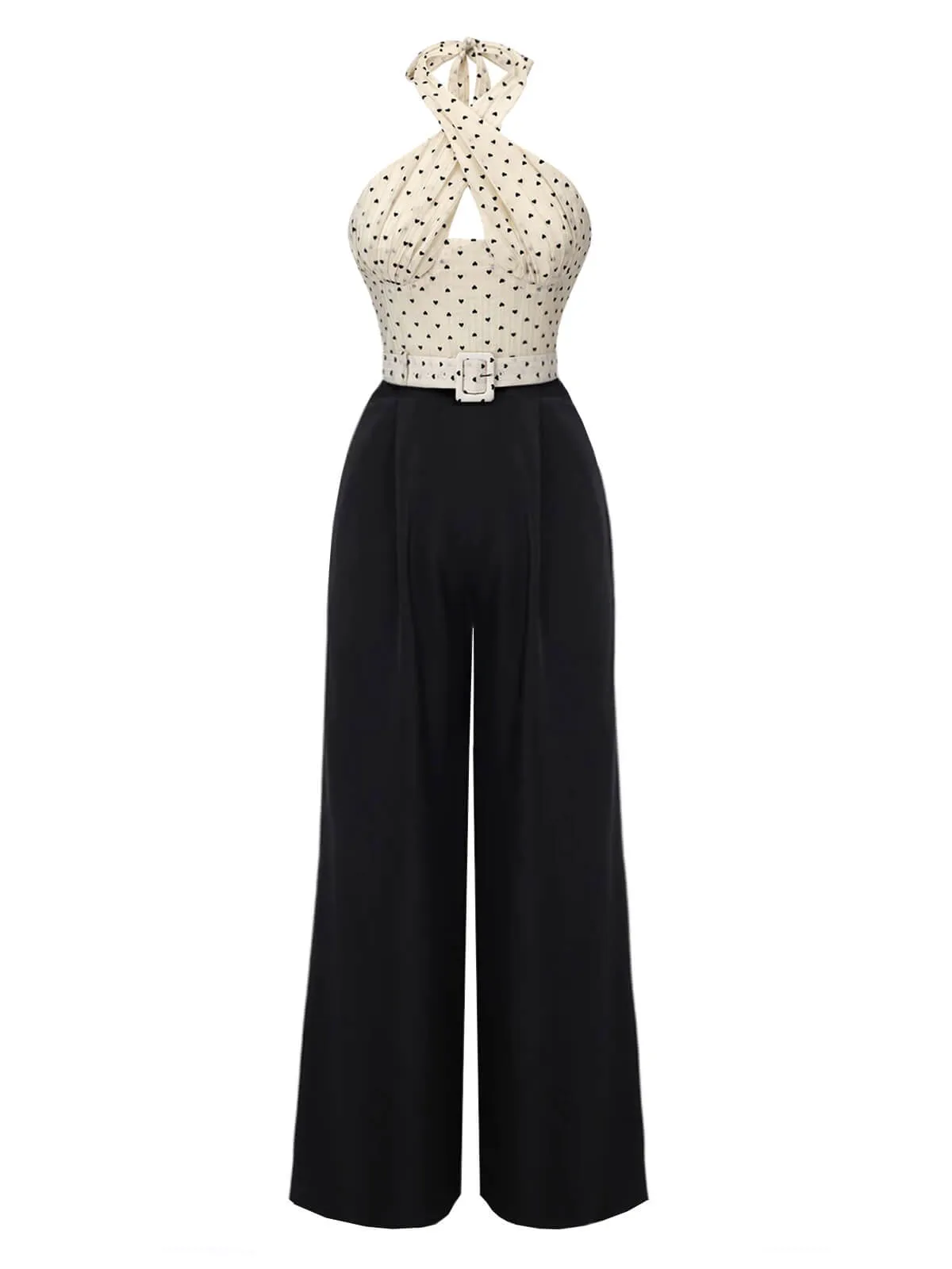 Beige & Black 1950s Heart Dots Halter Jumpsuit sold by Retro Stage