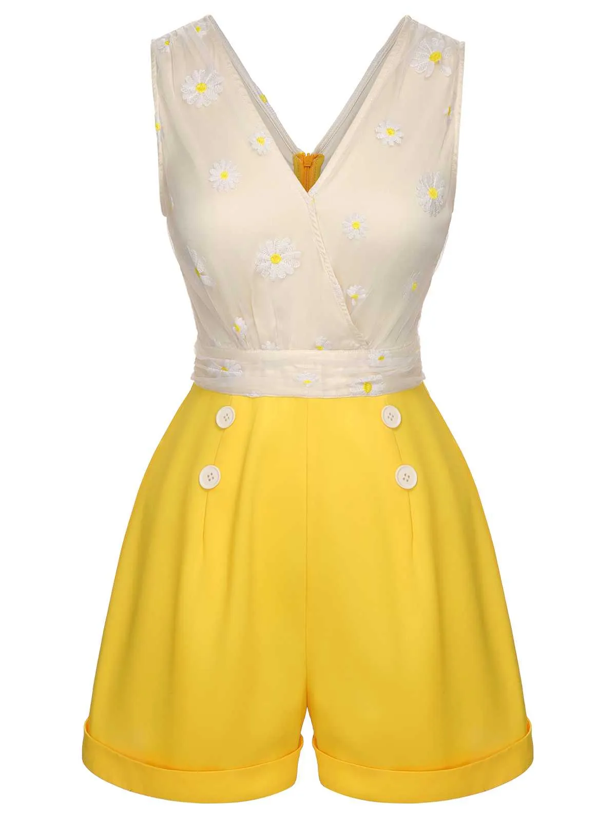Yellow 1950s V-Neck Daisy Mesh Romper sold by Retro Stage product image thumbnail 2