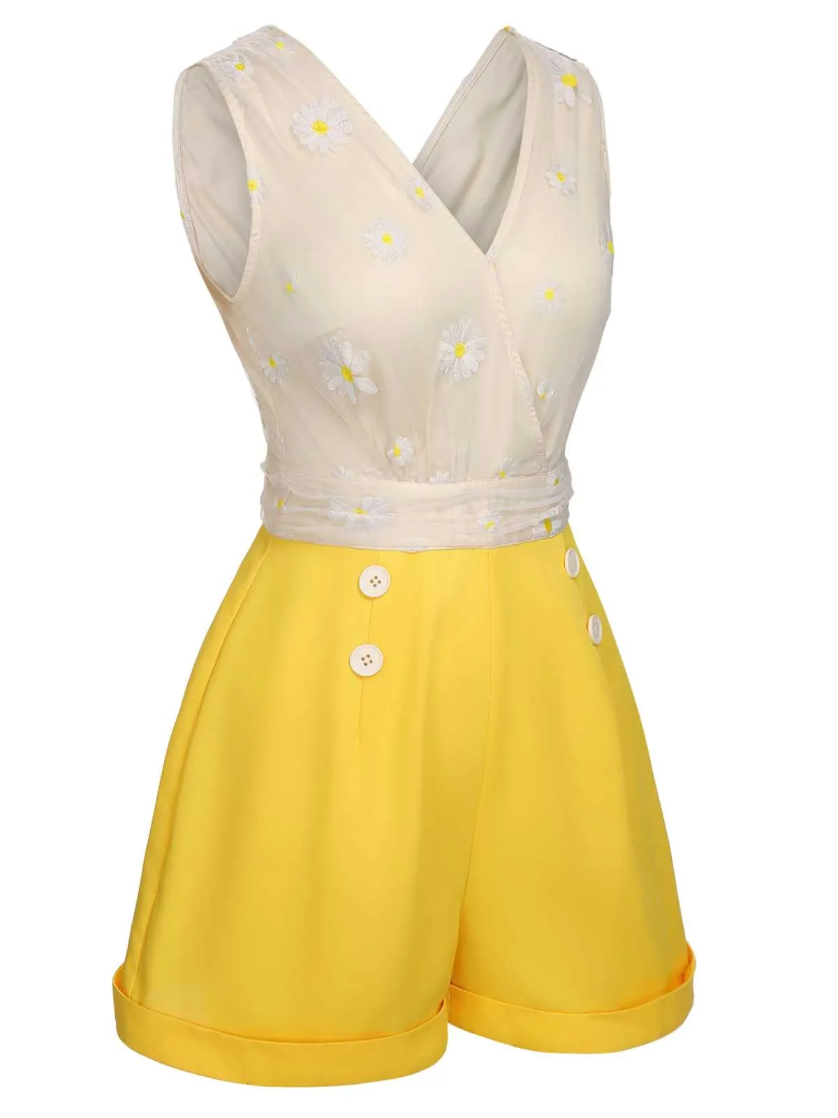Yellow 1950s V-Neck Daisy Mesh Romper sold by Retro Stage product image thumbnail 3