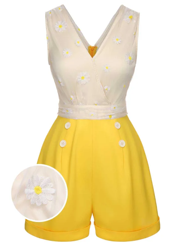 Yellow 1950s V-Neck Daisy Mesh Romper sold by Retro Stage