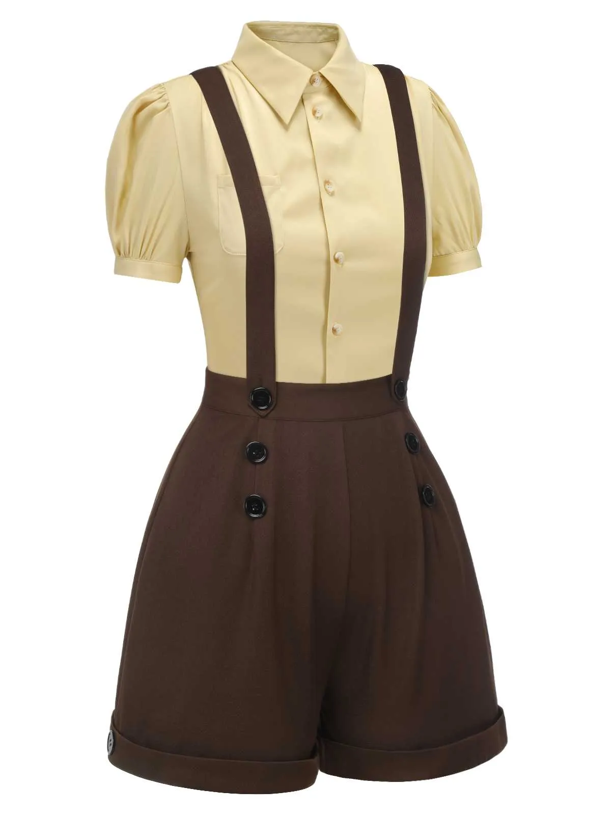 2PCS 1940s Lapel Blouse & Buttons Overall Shorts sold by Retro Stage product image thumbnail 3