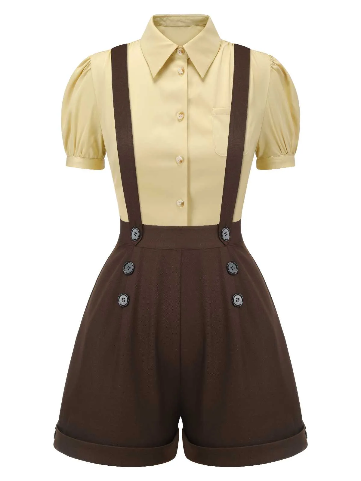 2PCS 1940s Lapel Blouse & Buttons Overall Shorts sold by Retro Stage product image thumbnail 2