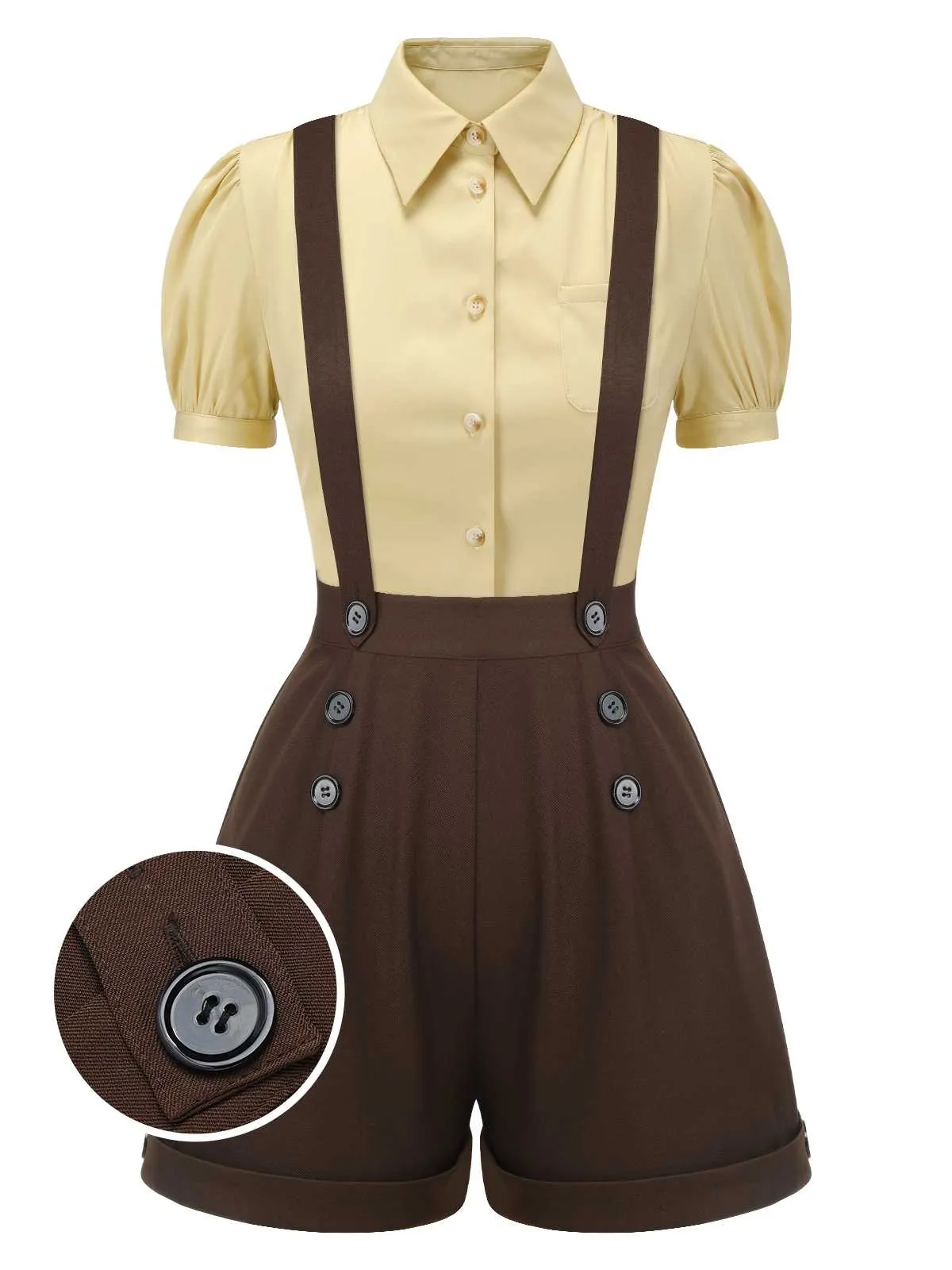 2PCS 1940s Lapel Blouse & Buttons Overall Shorts sold by Retro Stage