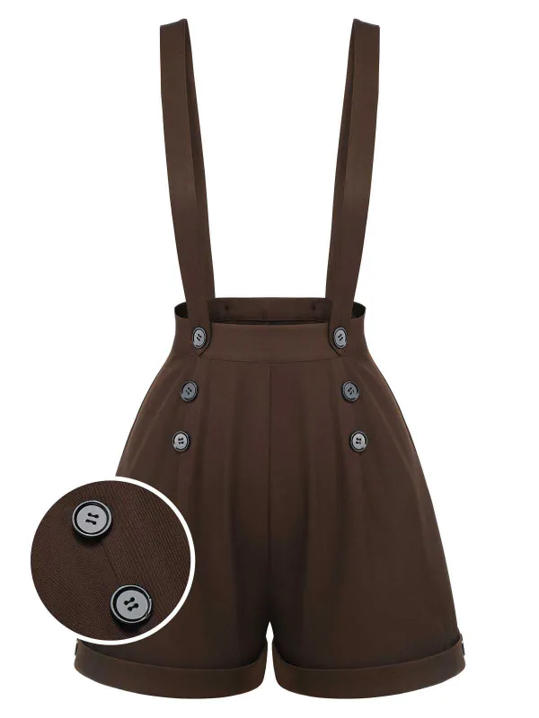 Deep Brown 1940s Buttons Overalls Shorts sold by Retro Stage