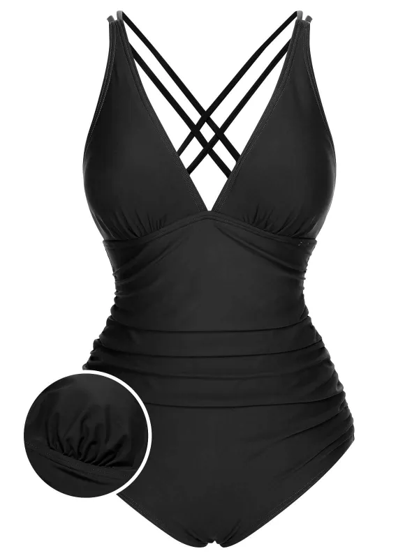 1950s Solid V-Neck One-Piece Swimsuit sold by Retro Stage