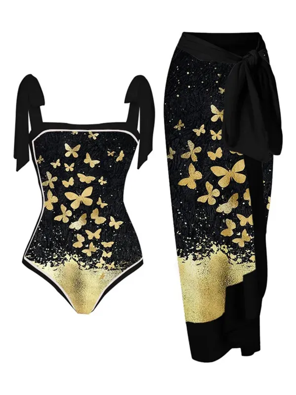 Black 1950s Butterfly One-piece Swimsuit & Cover-up sold by Retro Stage