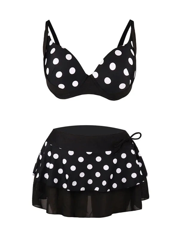 Black 1960s Polka Dot Bikini Set with Skirt sold by Retro Stage