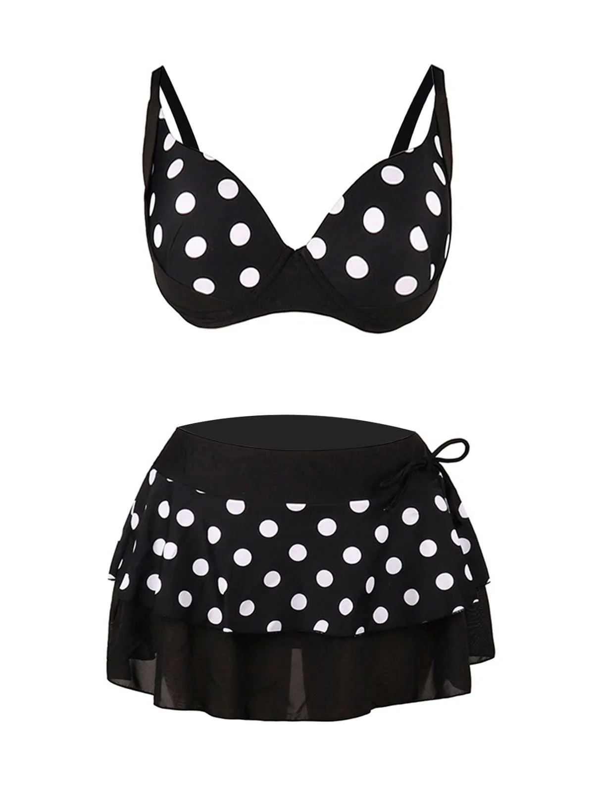 Black 1960s Polka Dot Bikini Set with Skirt sold by Retro Stage
