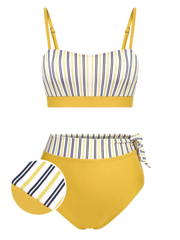 2PCS Yellow 1940s Striped Patchwork Swimsuit sold by Retro Stage