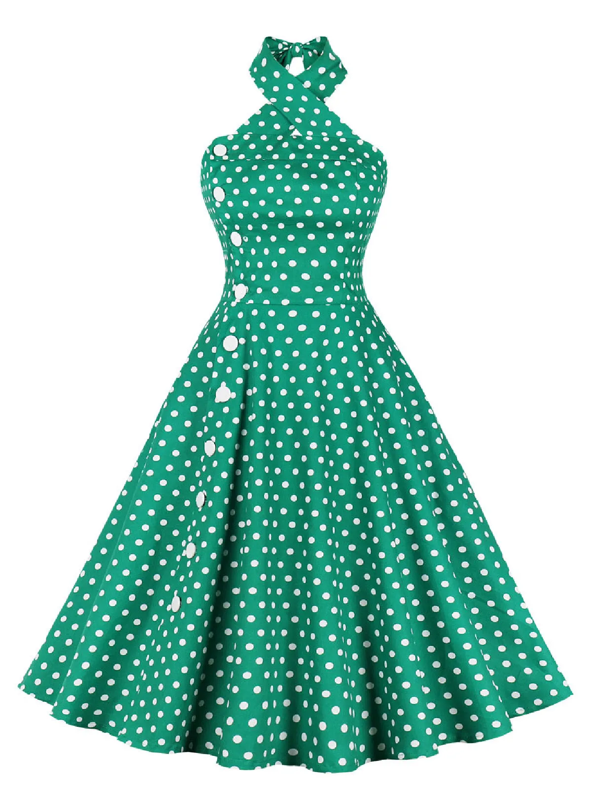 Green 1950s Polka Dot Halter Dress sold by Retro Stage