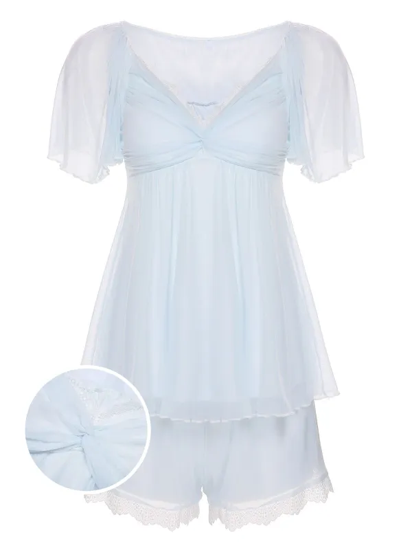 2PCS Light Blue 1940s Knot Lace Sleepwear sold by Retro Stage