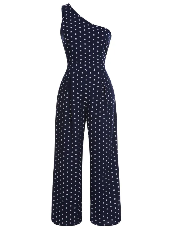 Navy Blue 1930s One-shoulder Dot Jumpsuit sold by Retro Stage