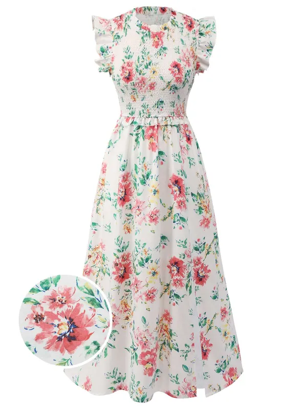 White 1940s Sleeveless Floral Ruffles Dress sold by Retro Stage