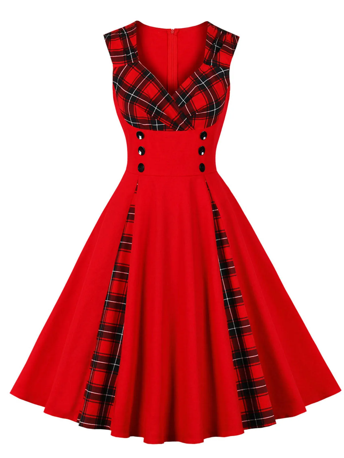 Red & Black 1950s Plaid V-Neck Dress sold by Retro Stage product image thumbnail 3