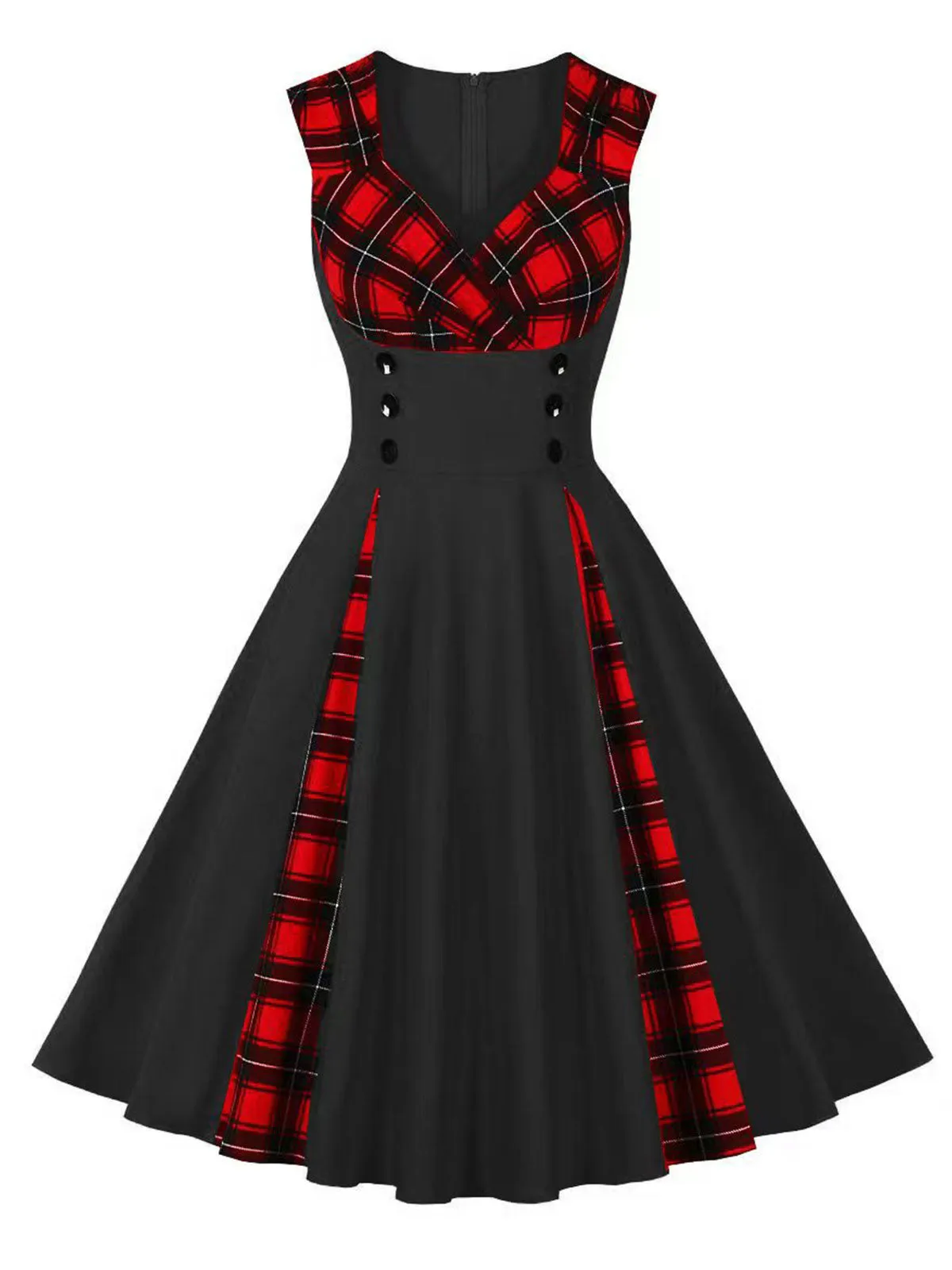 Red & Black 1950s Plaid V-Neck Dress sold by Retro Stage product image thumbnail 3