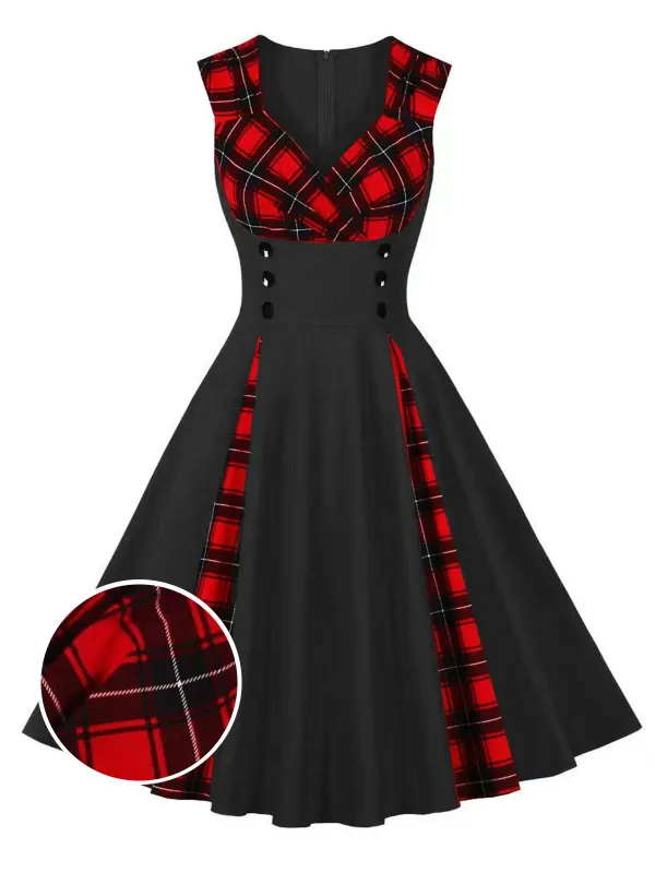 Red & Black 1950s Plaid V-Neck Dress sold by Retro Stage
