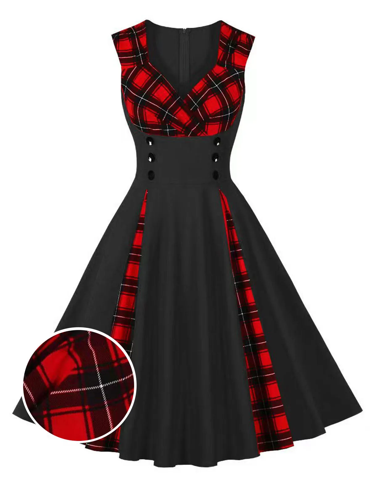 Red & Black 1950s Plaid V-Neck Dress sold by Retro Stage