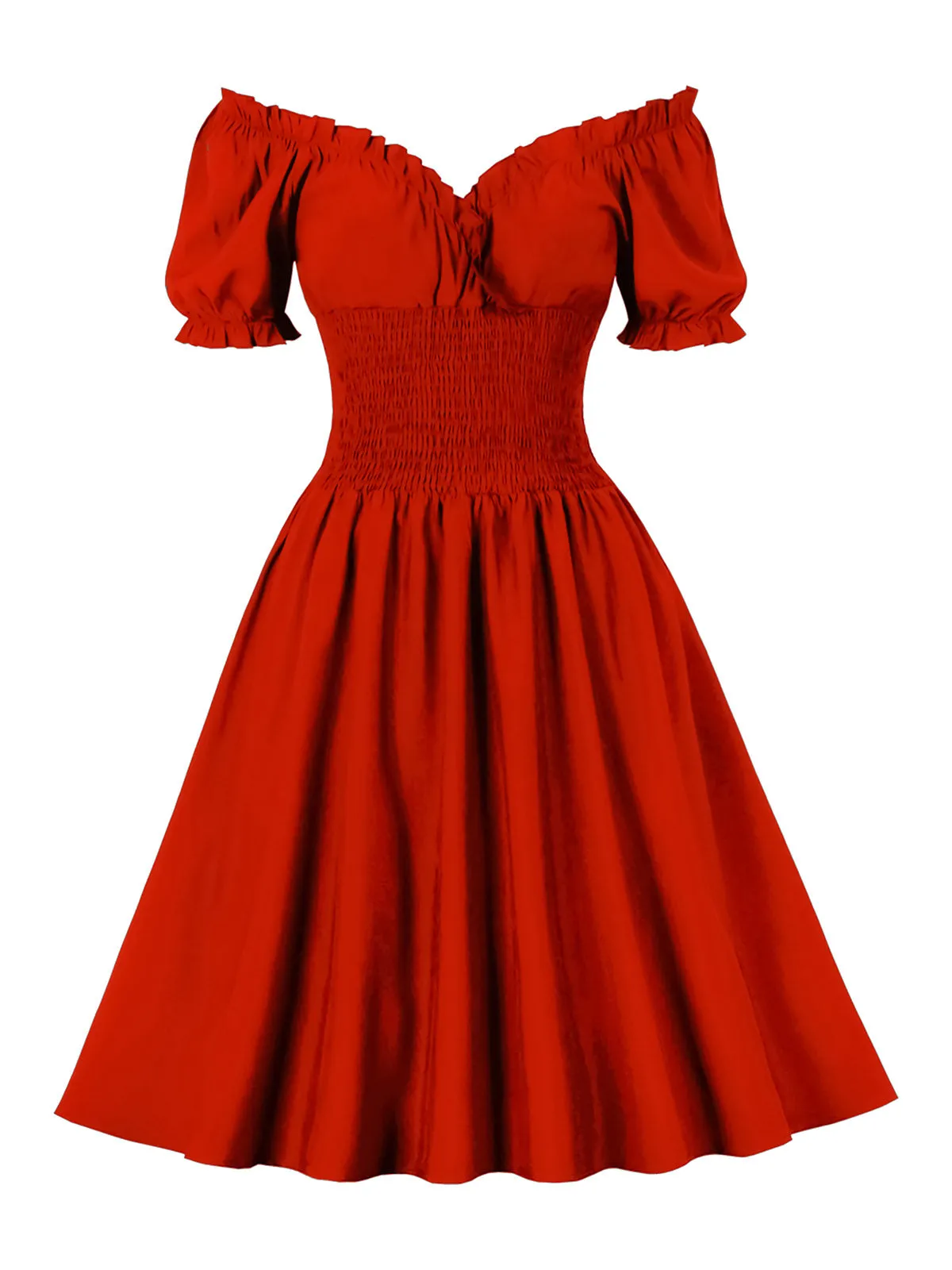 1950s Solid Smocked Waist Off-Shoulder Dress sold by Retro Stage product image thumbnail 2