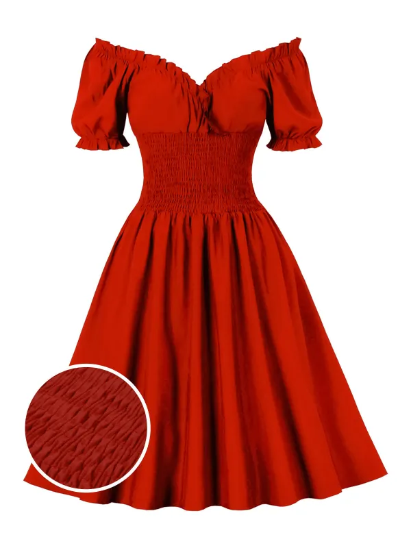 1950s Solid Smocked Waist Off-Shoulder Dress sold by Retro Stage