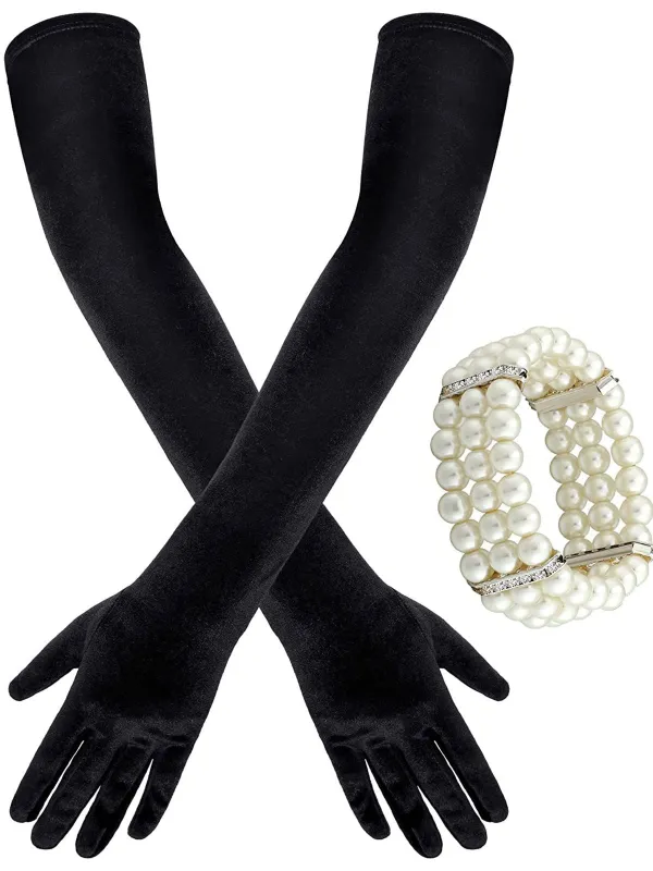 Opera Party Velvet Gloves With Pearl Bracelet sold by Retro Stage