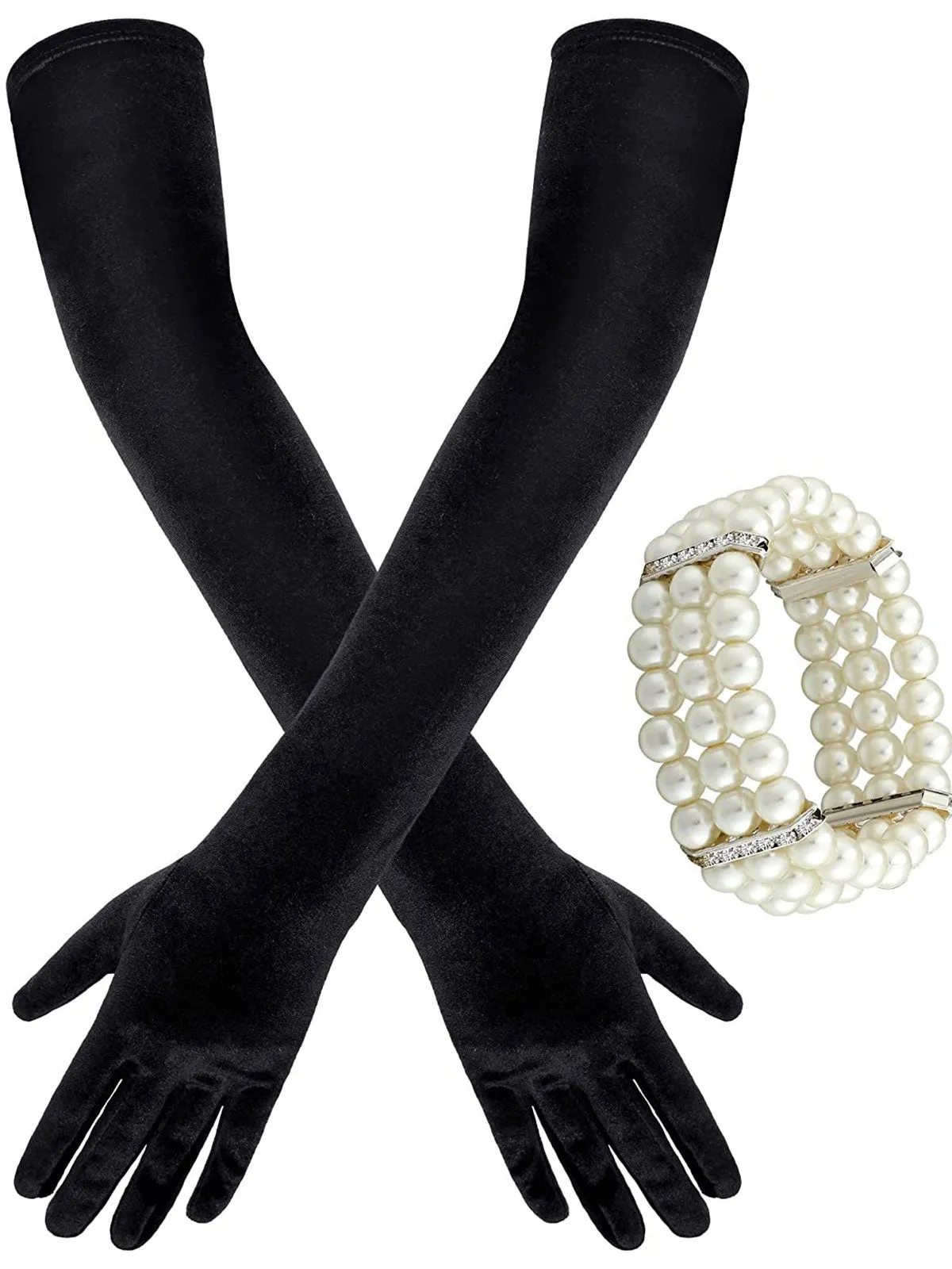 Opera Party Velvet Gloves With Pearl Bracelet sold by Retro Stage