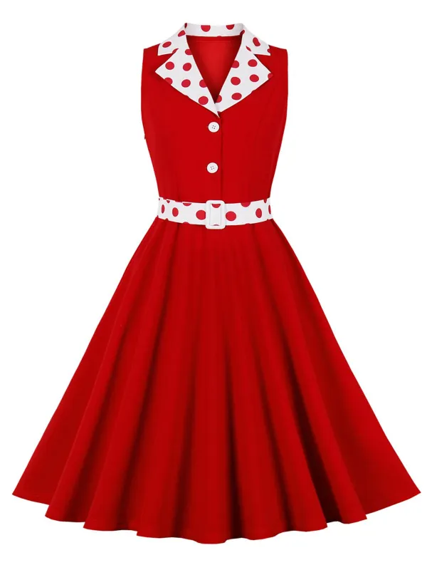 1950s Lapel Polka Dots Sleeveless Belted Dress sold by Retro Stage