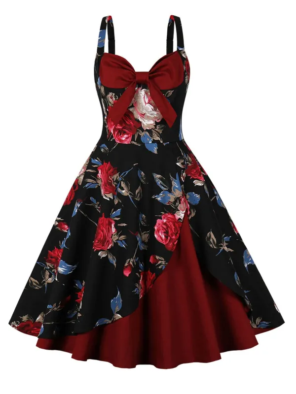 Deep Red 1950s Rose Strap Patchwork Dress sold by Retro Stage
