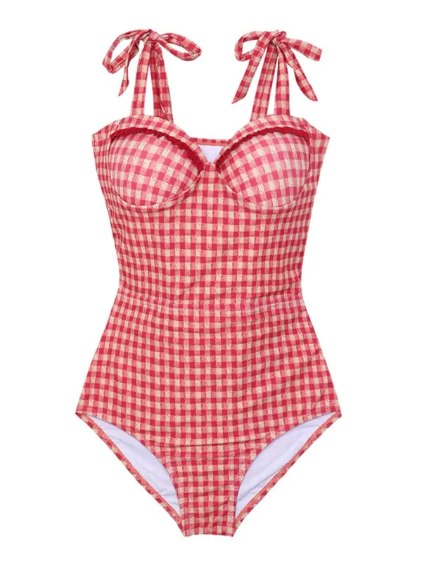 Red 1950s Checked Back Cut-Out Swimsuit sold by Retro Stage