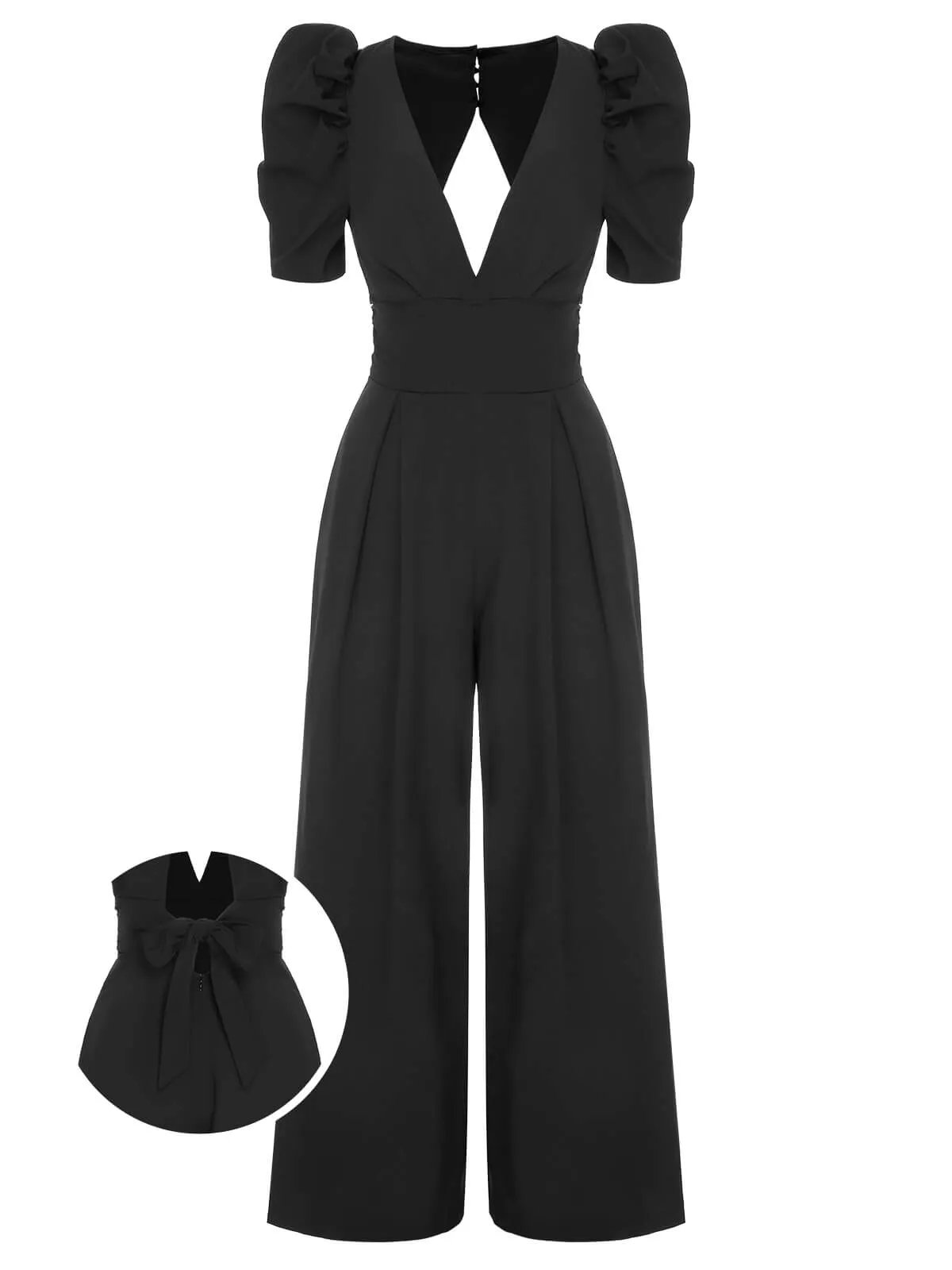 1930s Solid Deep V Puff Sleeves Jumpsuit sold by Retro Stage