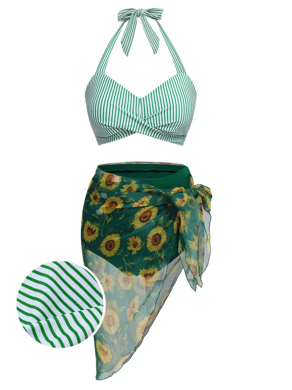 2PCS Green 1940s Stripes Swimsuit & Sunflower Cover-Up sold by Retro Stage