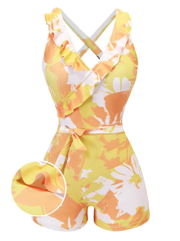 Yellow 1940s Painting Plants Lace-Up Swimsuit sold by Retro Stage