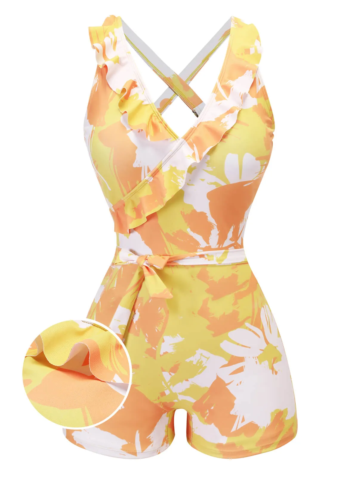 Yellow 1940s Painting Plants Lace-Up Swimsuit sold by Retro Stage