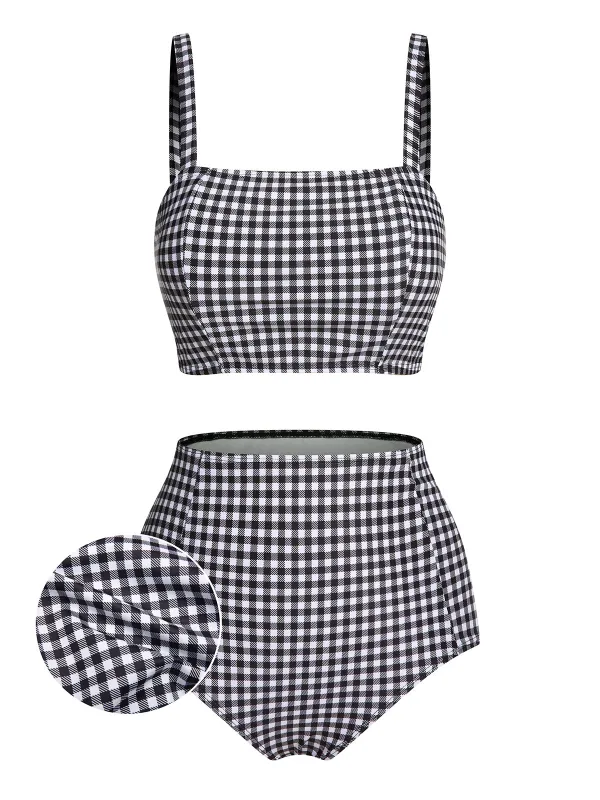 White&Black 1940s Plaid Suspenders Swimsuit sold by Retro Stage