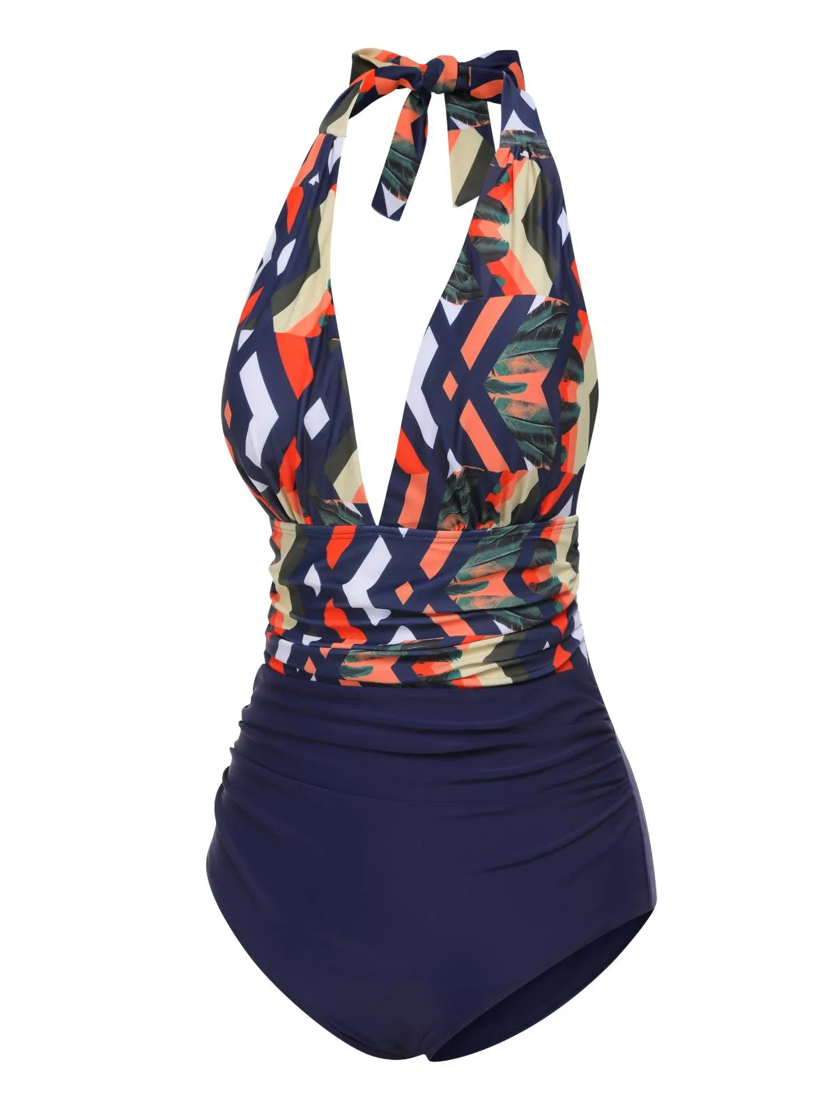 Blue 1940s Tropical Deep-V Halter Swimsuit sold by Retro Stage product image thumbnail 2