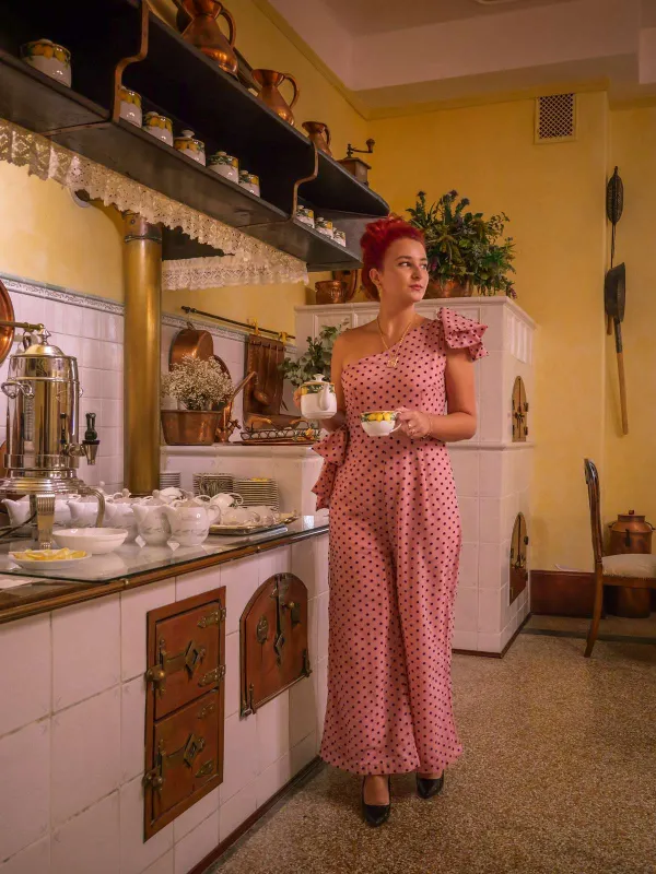 Pink 1930s Polka Dot One-shoulder Jumpsuit sold by Retro Stage