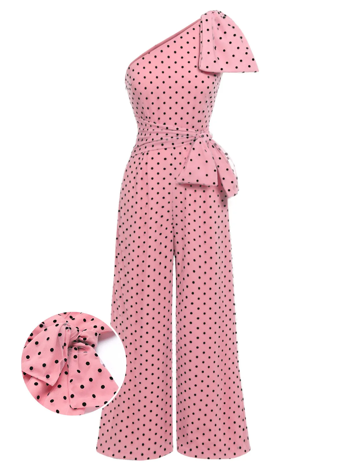 Pink 1930s Polka Dot One-shoulder Jumpsuit sold by Retro Stage