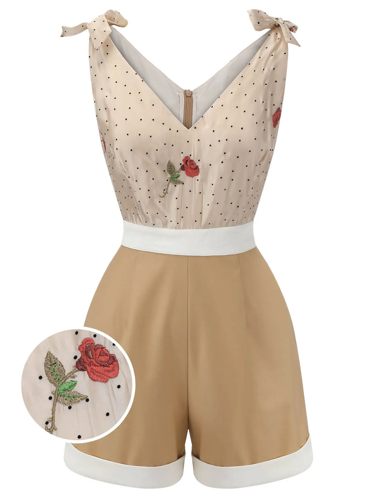 Khaki 1950s Embroidered Rose V-Neck Romper sold by Retro Stage