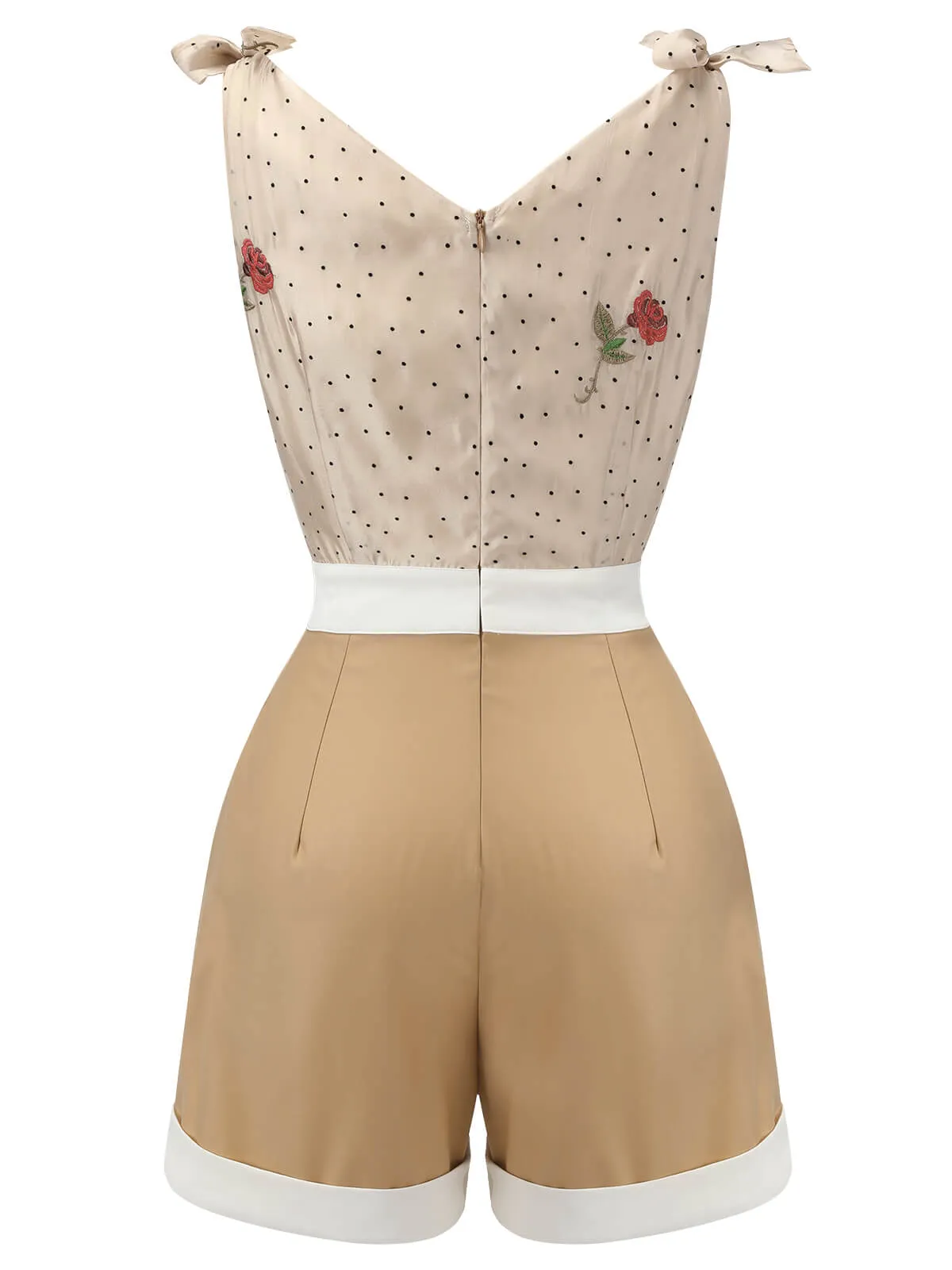 Khaki 1950s Embroidered Rose V-Neck Romper sold by Retro Stage product image thumbnail 4