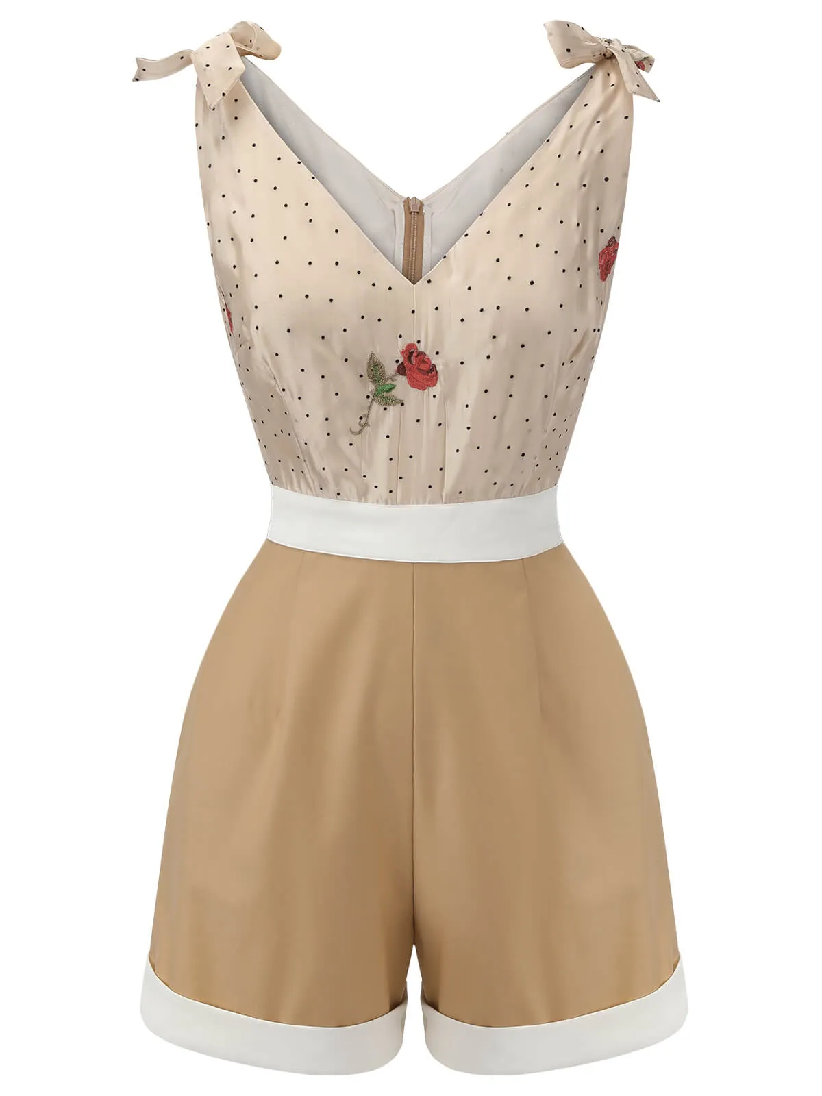 Khaki 1950s Embroidered Rose V-Neck Romper sold by Retro Stage product image thumbnail 2