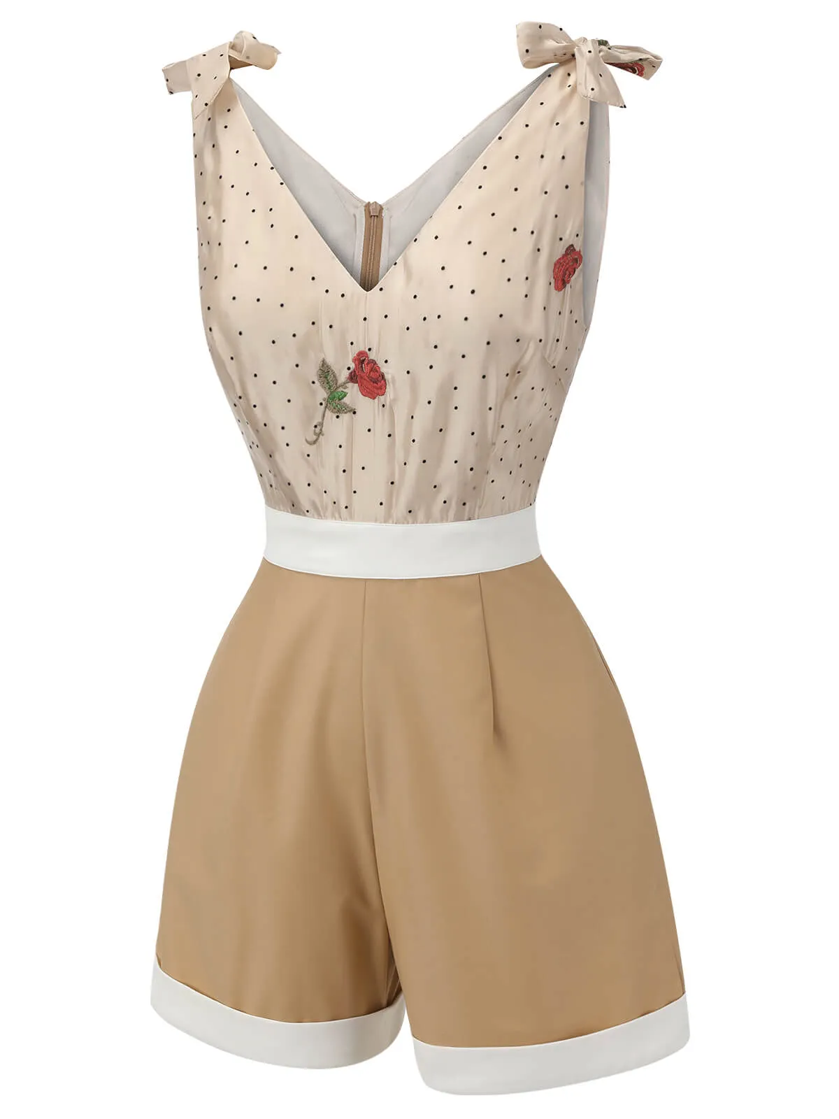 Khaki 1950s Embroidered Rose V-Neck Romper sold by Retro Stage product image thumbnail 3