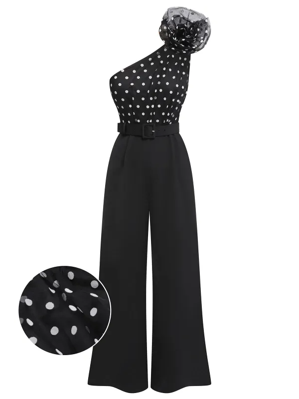 Black 1930s Polka Dots Patchwork Jumpsuit sold by Retro Stage