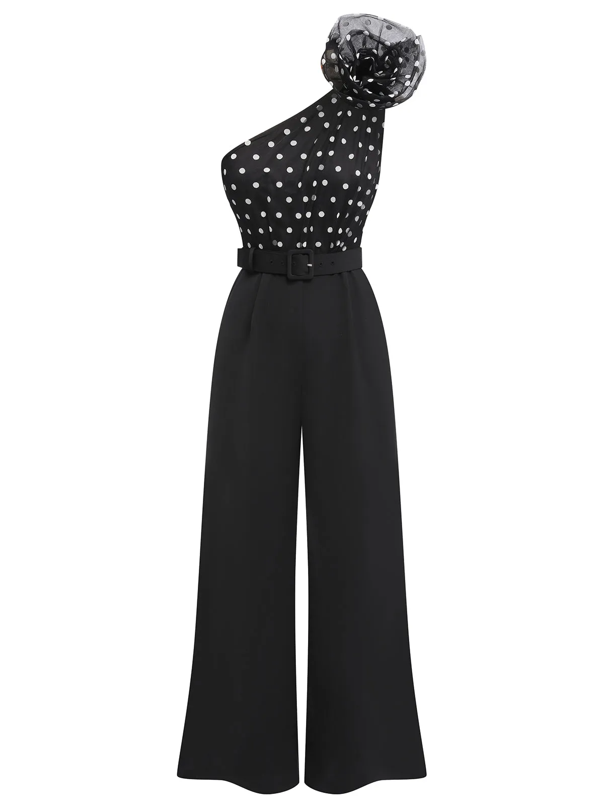 Black 1930s Polka Dots Patchwork Jumpsuit sold by Retro Stage product image thumbnail 2